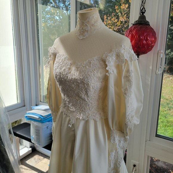 Fantastic Vintage Lace, Satin, Buttons, and puffy sleeves - Picture 3 of 16